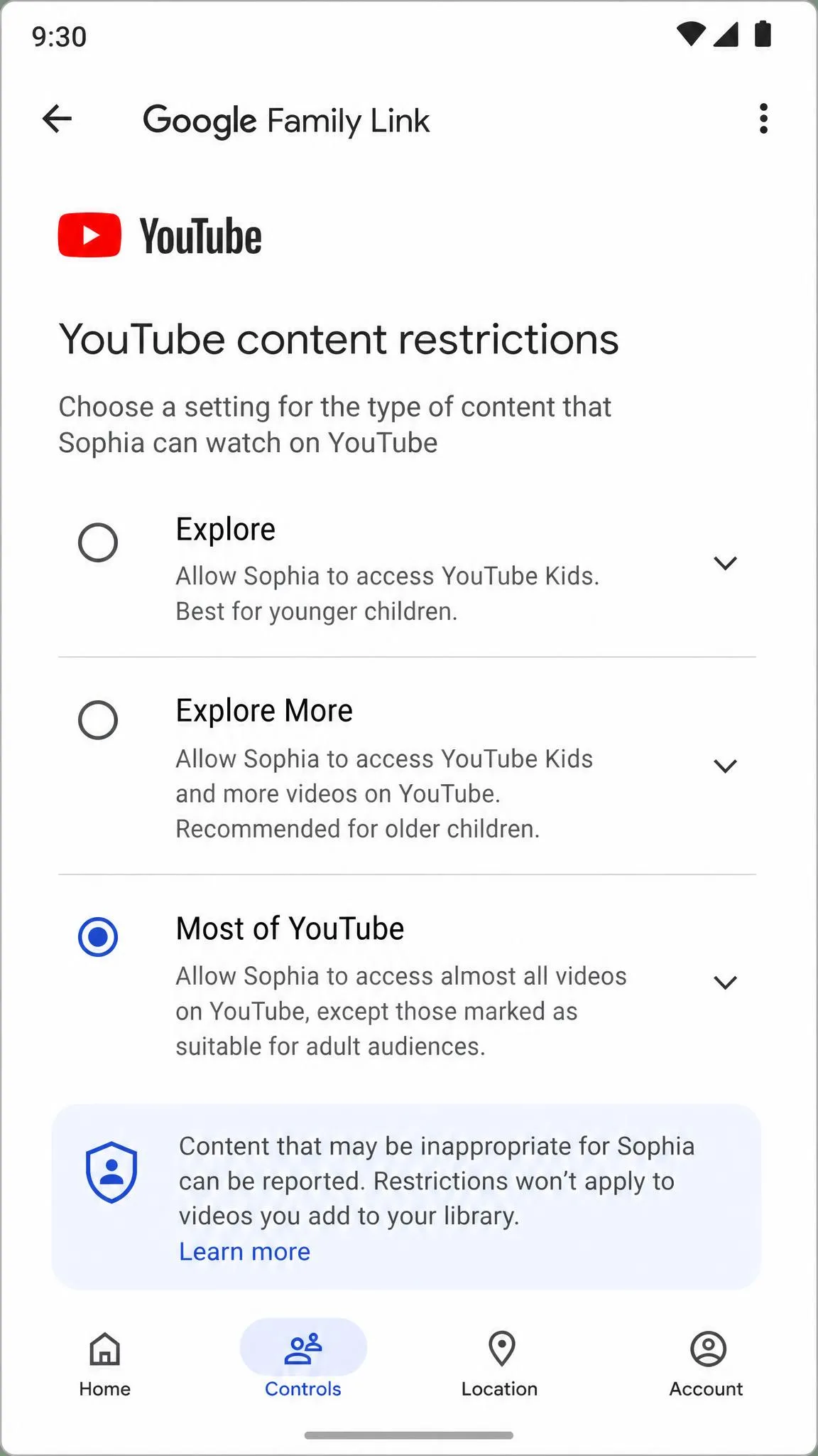 The Google Family Link app showing the YouTube content restrictions screen with Explore, Explore More and Most of YouTube listed.
