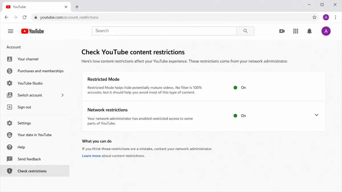 YouTube's content restrictions check page in a browser, showing whether a network administrator has enforced Restricted Mode.
