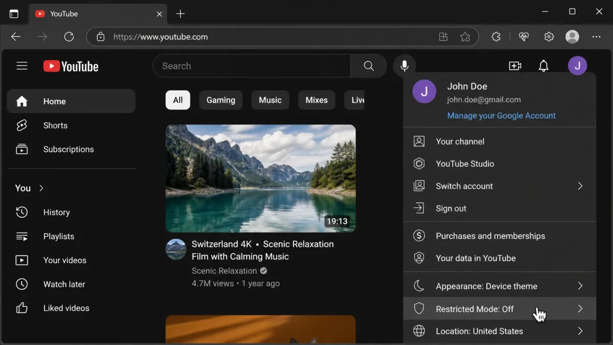 Close-up of the YouTube desktop account menu in Edge with the cursor hovering over the Restricted Mode row.