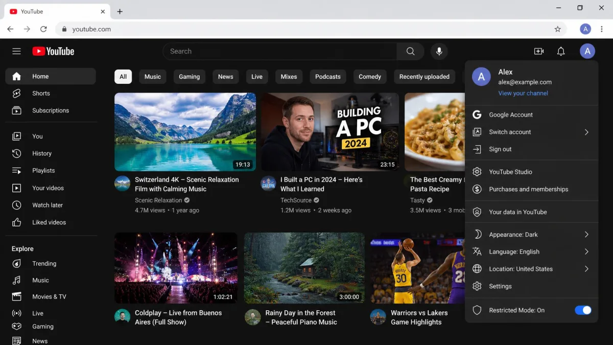 The YouTube desktop account menu open in Chrome with the Restricted Mode item at the bottom and its toggle switched on.