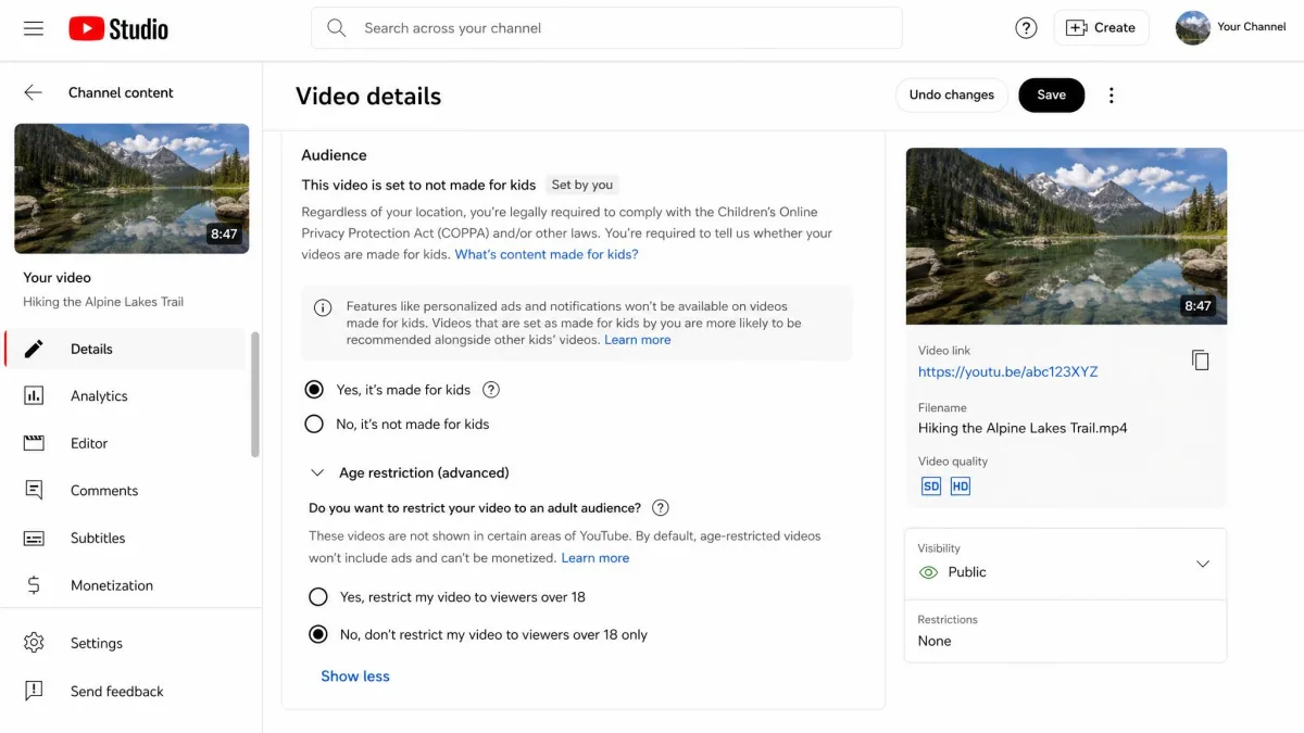 The YouTube Studio video details page showing the audience and age restriction section for an uploaded video.