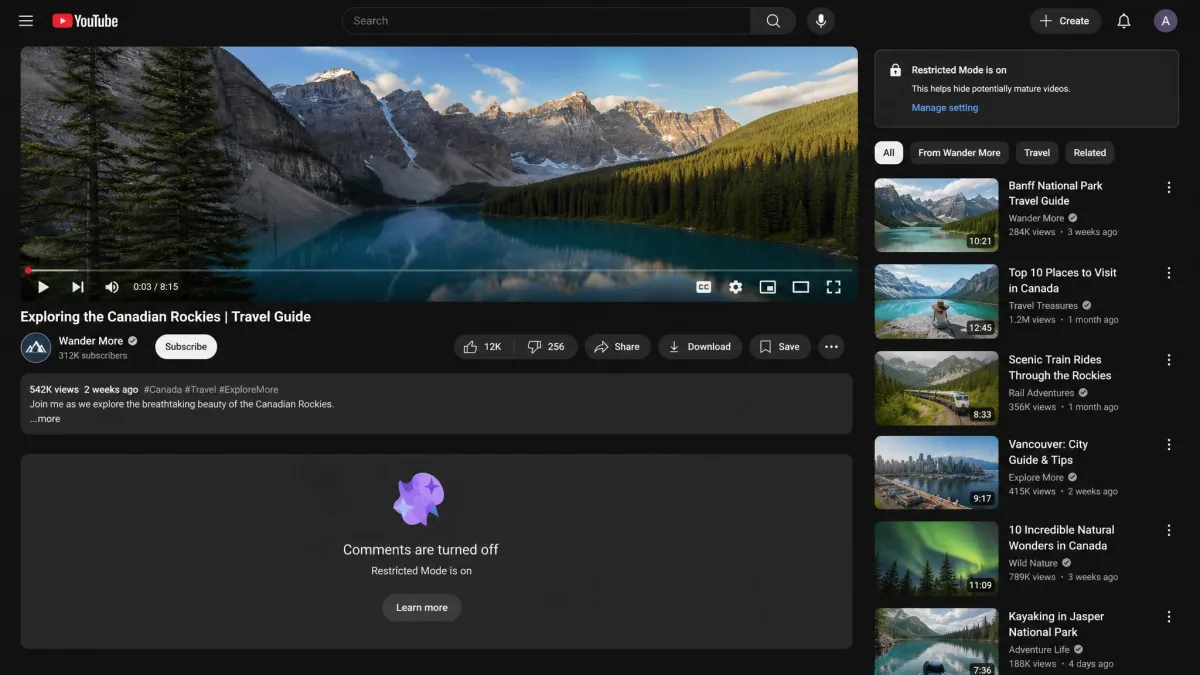 A YouTube watch page with Restricted Mode active, showing an empty space where the comments section would normally sit.