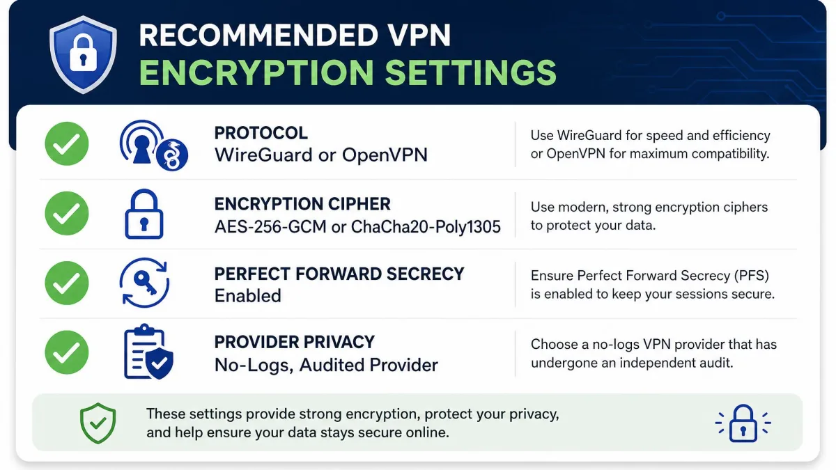 A checklist graphic showing recommended VPN encryption settings: WireGuard or OpenVPN, AES-256-GCM or ChaCha20-Poly1305, Perfect Forward Secrecy enabled, and a no-logs audited provider.