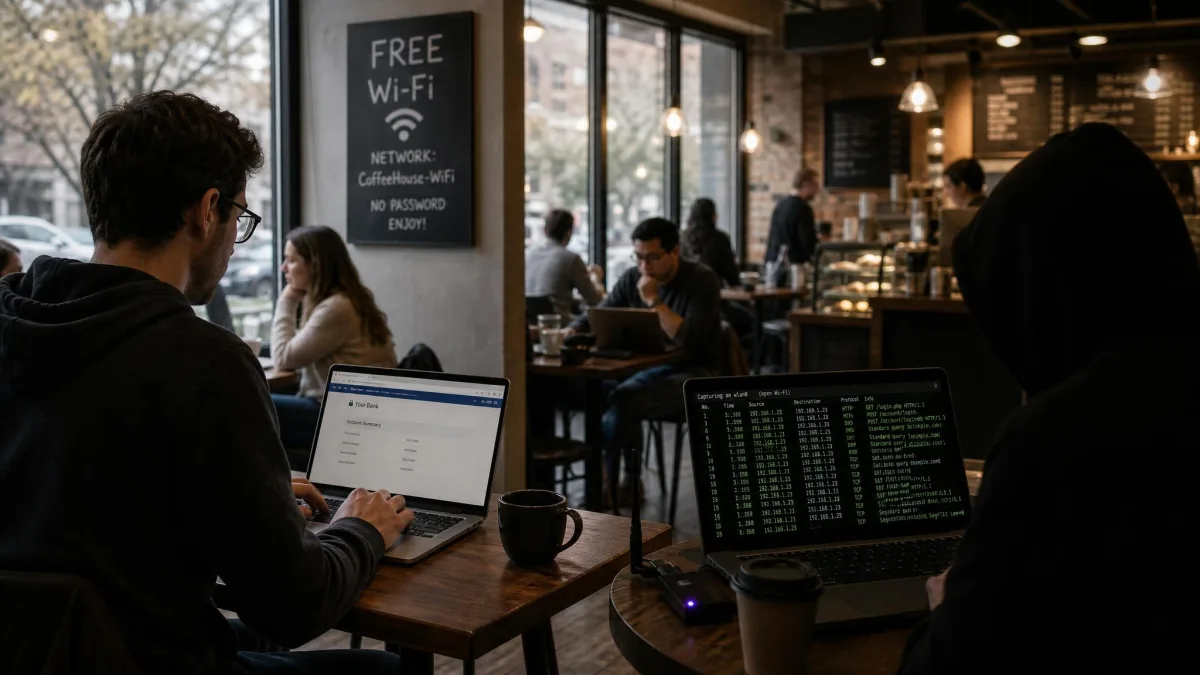 A person using a laptop at a busy cafe on open Wi-Fi, with a shadowed figure at another table capturing unencrypted packets from the same network.