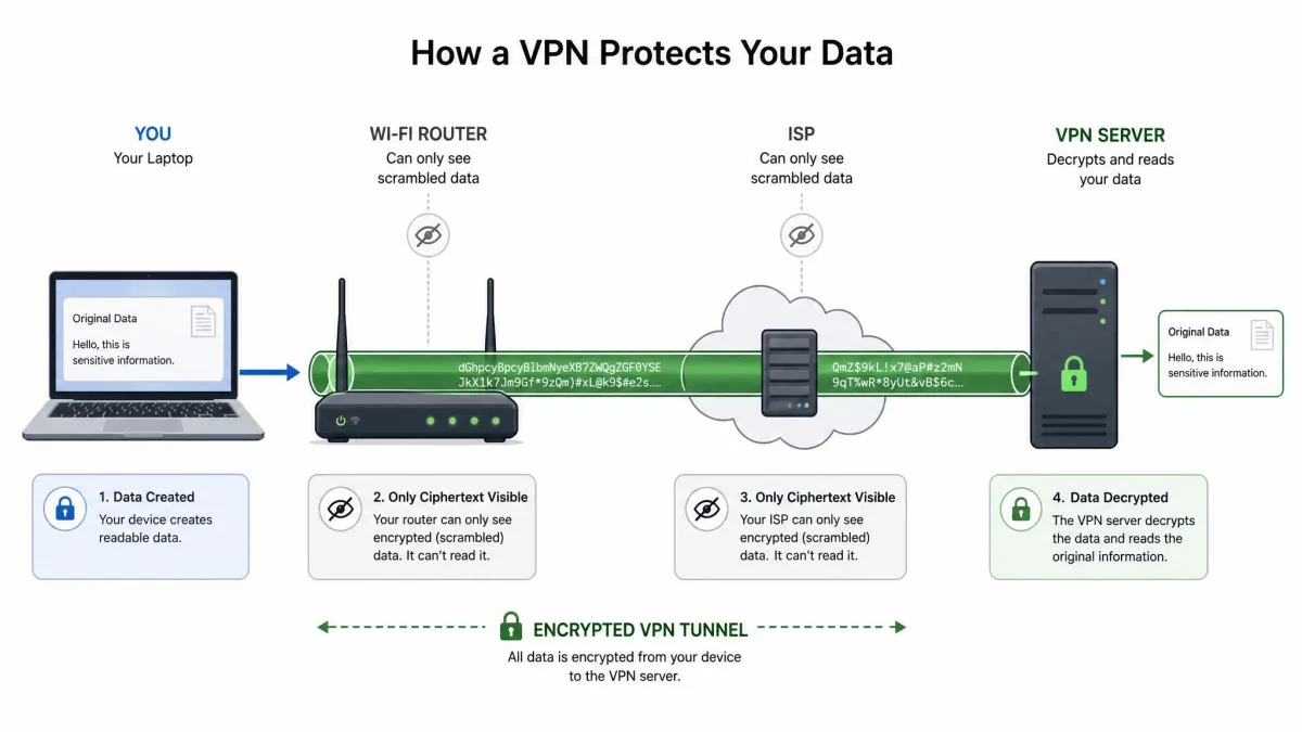 Diagram showing a laptop sending scrambled data through an encrypted tunnel to a VPN server, with an ISP and a Wi-Fi router in between shown only able to see unreadable ciphertext.