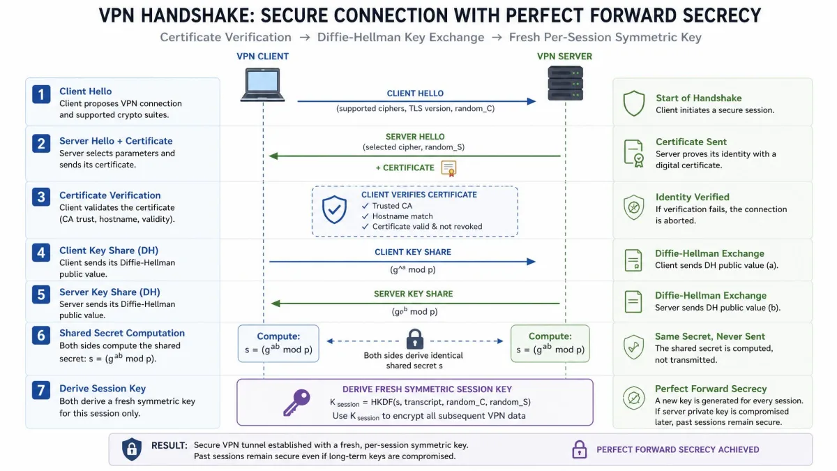 Step-by-step illustration of a VPN handshake showing certificate verification, Diffie-Hellman key exchange, and a fresh per-session symmetric key being generated for Perfect Forward Secrecy.