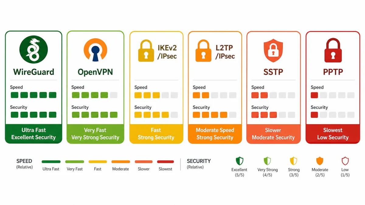 Row of labeled protocol badges for WireGuard, OpenVPN, IKEv2/IPsec, L2TP/IPsec, SSTP, and PPTP, each color-coded by relative speed and security strength.