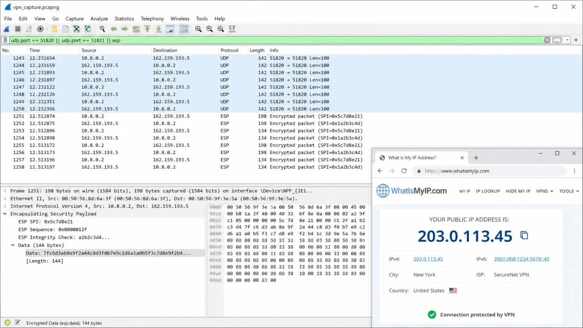 Wireshark packet capture window showing VPN traffic as encrypted, unreadable payload data alongside a browser tab displaying a changed public IP address after connecting.