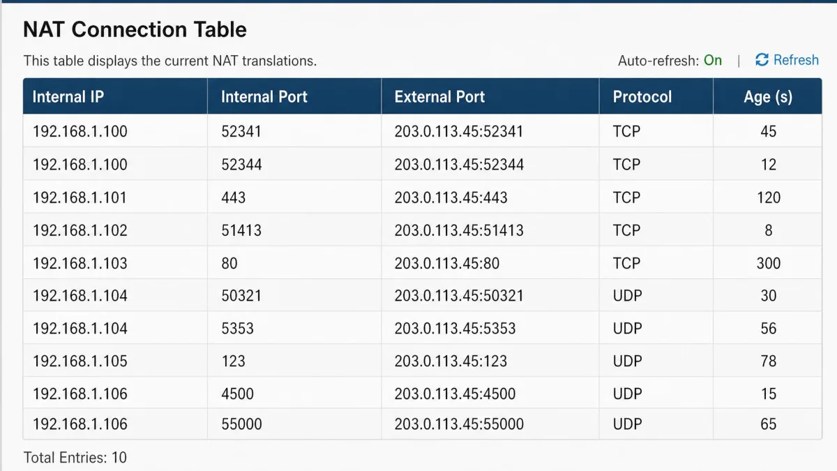 Close-up of a router status page listing the NAT connection table, with columns for internal IP, internal port, external port and protocol, showing TCP and UDP entries but none for GRE.