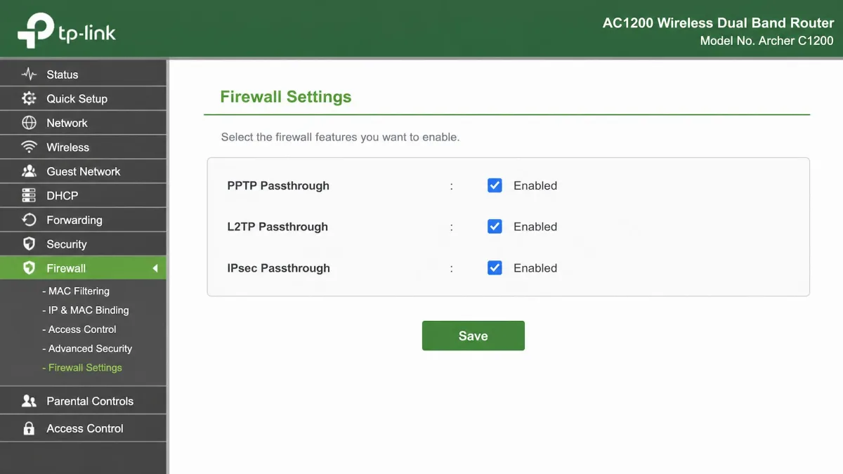A home router admin page showing three checkboxes labelled PPTP Passthrough, L2TP Passthrough and IPsec Passthrough, all set to Enabled, inside a firewall settings panel.