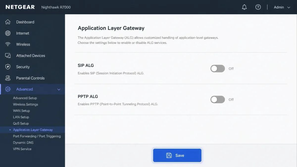 A router Application Layer Gateway settings panel with SIP ALG and PPTP ALG toggles switched off and a save button highlighted at the bottom of the page.
