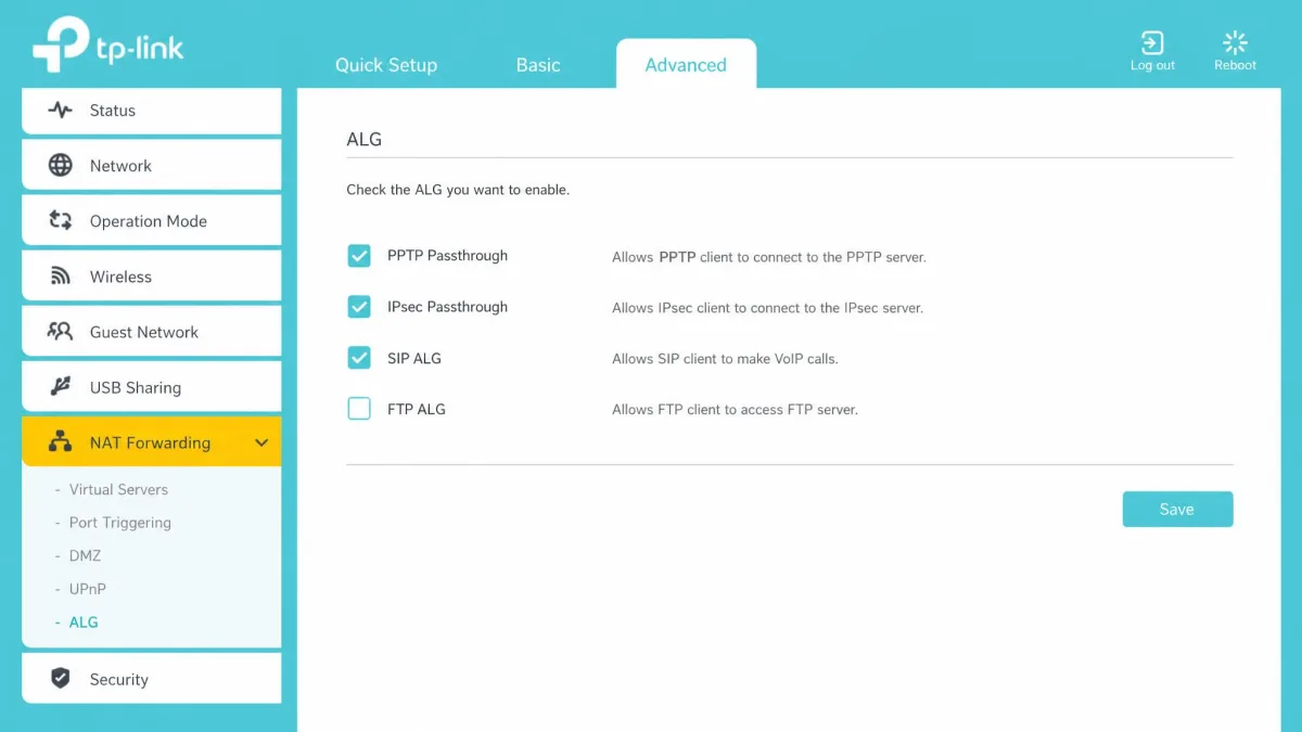 A TP-Link router settings screen open on Advanced, NAT Forwarding, ALG, showing PPTP Passthrough and IPsec Passthrough checkboxes alongside SIP ALG and FTP ALG options.