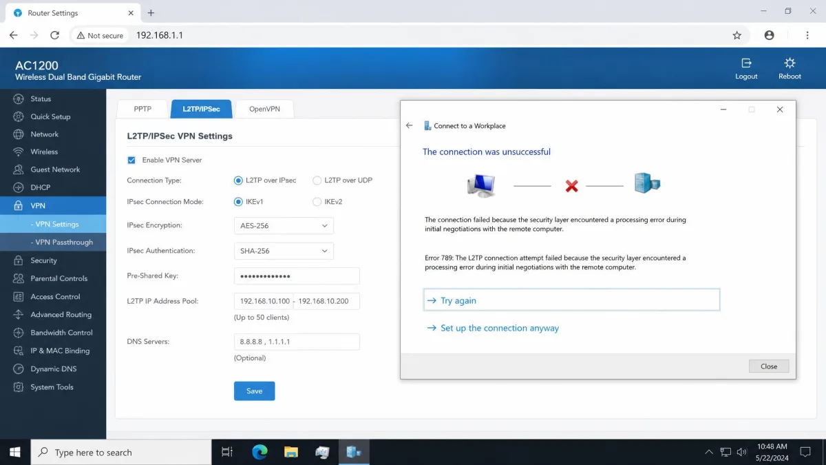 A Windows VPN client dialog showing a failed L2TP over IPsec connection with an error about the security layer, sitting in front of a router settings tab in a browser.