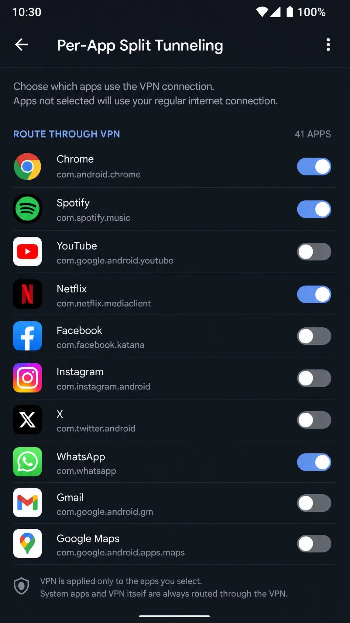Android VPN app per-app split tunneling screen listing installed apps with individual toggle switches for routing through the VPN.