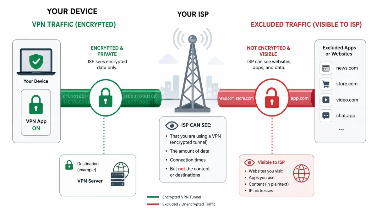 Security illustration contrasting an encrypted padlock icon on VPN traffic with an open unlocked icon on excluded traffic visible to the ISP.
