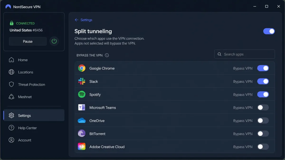 VPN desktop app settings screen showing a split tunneling app list with several installed applications and toggle switches marking which ones bypass the VPN.