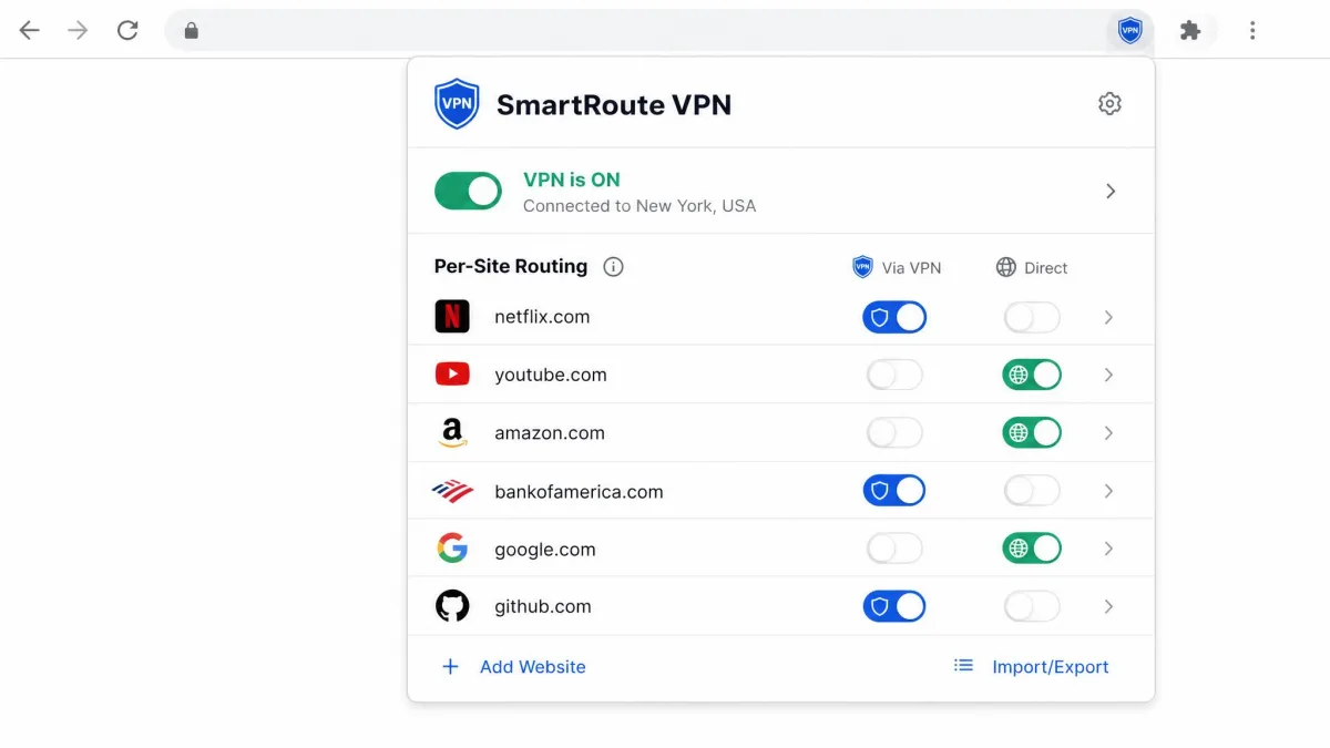 Browser extension popup listing specific websites with per-site toggles choosing which domains route through the VPN and which connect directly.