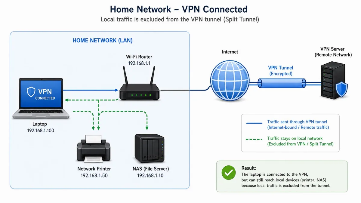 Home network diagram showing a laptop connected to a VPN still reaching a local printer and a NAS drive because local traffic is excluded from the tunnel.