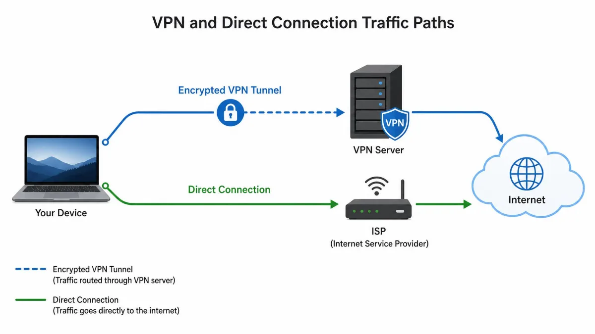 Diagram showing a laptop with two traffic paths, one line labeled encrypted VPN tunnel going to a VPN server and a second line labeled direct connection going straight to the internet through an ISP.