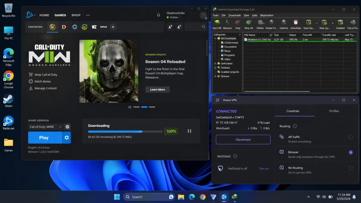 Desktop showing a game client and a download manager running at full speed while a VPN app indicator shows only the browser is routed through the tunnel.