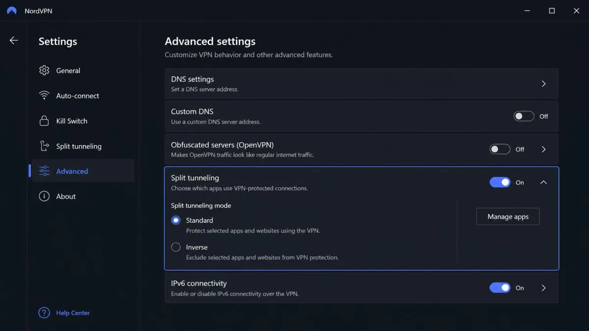 VPN app Advanced settings menu on Windows with the split tunneling option highlighted, showing standard and inverse mode radio buttons.
