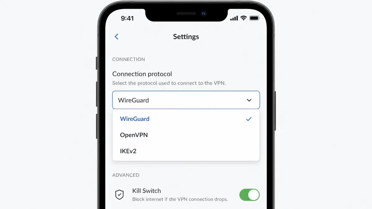 A VPN app settings screen on a smartphone with the connection protocol set to WireGuard, showing a simple dropdown menu with OpenVPN and IKEv2 as the other options.