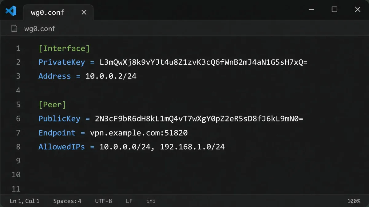 A short WireGuard configuration file open in a text editor, showing the Interface section with a private key and address, and a Peer section with a public key, endpoint, and allowed IPs.