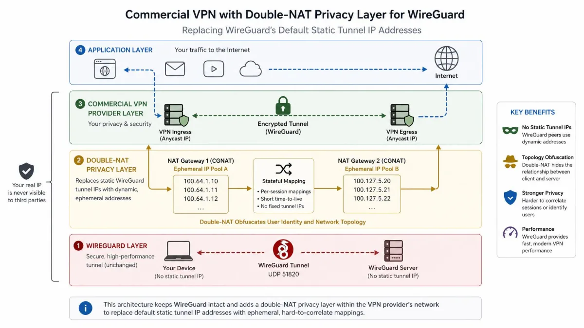 A layered diagram showing a commercial VPN wrapping WireGuard with a double-NAT privacy layer to replace the protocol's default static tunnel IP addresses.