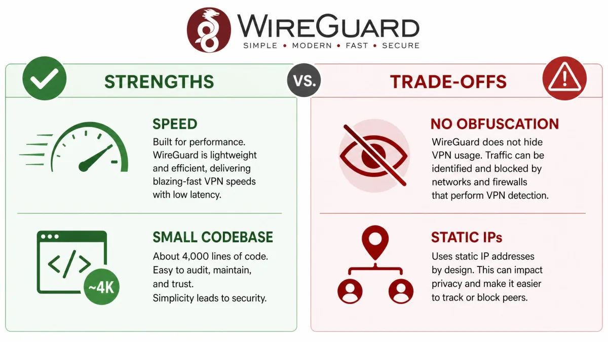 A two-column visual weighing WireGuard's strengths against its trade-offs, speed and small codebase on one side and no obfuscation and static IPs on the other.