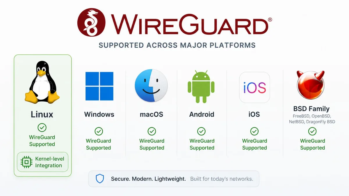 A row of operating-system logos showing WireGuard support across Linux, Windows, macOS, Android, iOS, and the BSD family, with the Linux icon highlighted for kernel-level integration.