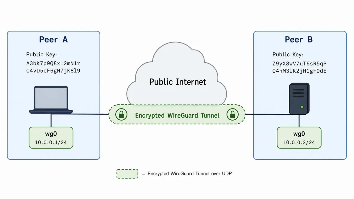 A simple network diagram showing two devices connected by an encrypted WireGuard tunnel over the public internet, each peer labeled with a public key and a virtual wg0 interface.
