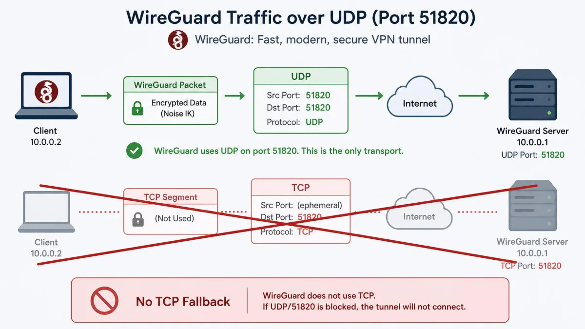 A network packet illustration showing WireGuard traffic flowing over UDP on port 51820, with a crossed-out TCP path beside it to signal there is no TCP fallback.