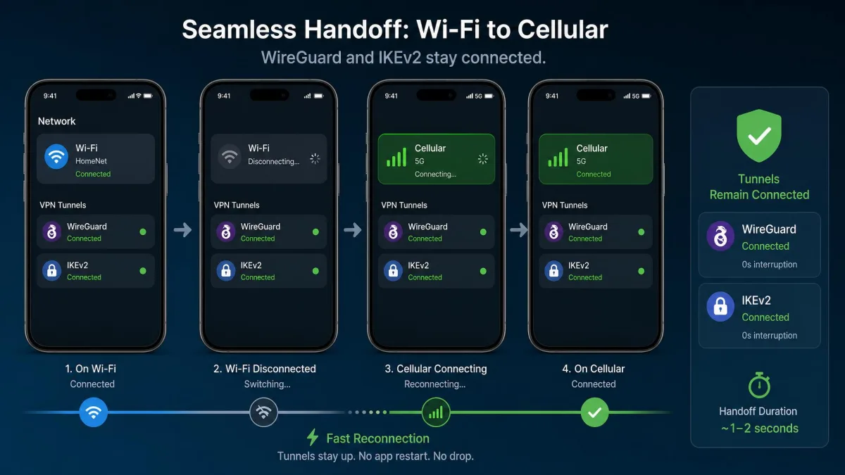 A smartphone switching from Wi-Fi to cellular with both WireGuard and IKEv2 tunnels staying connected, illustrating fast reconnection during a mobile network handoff.