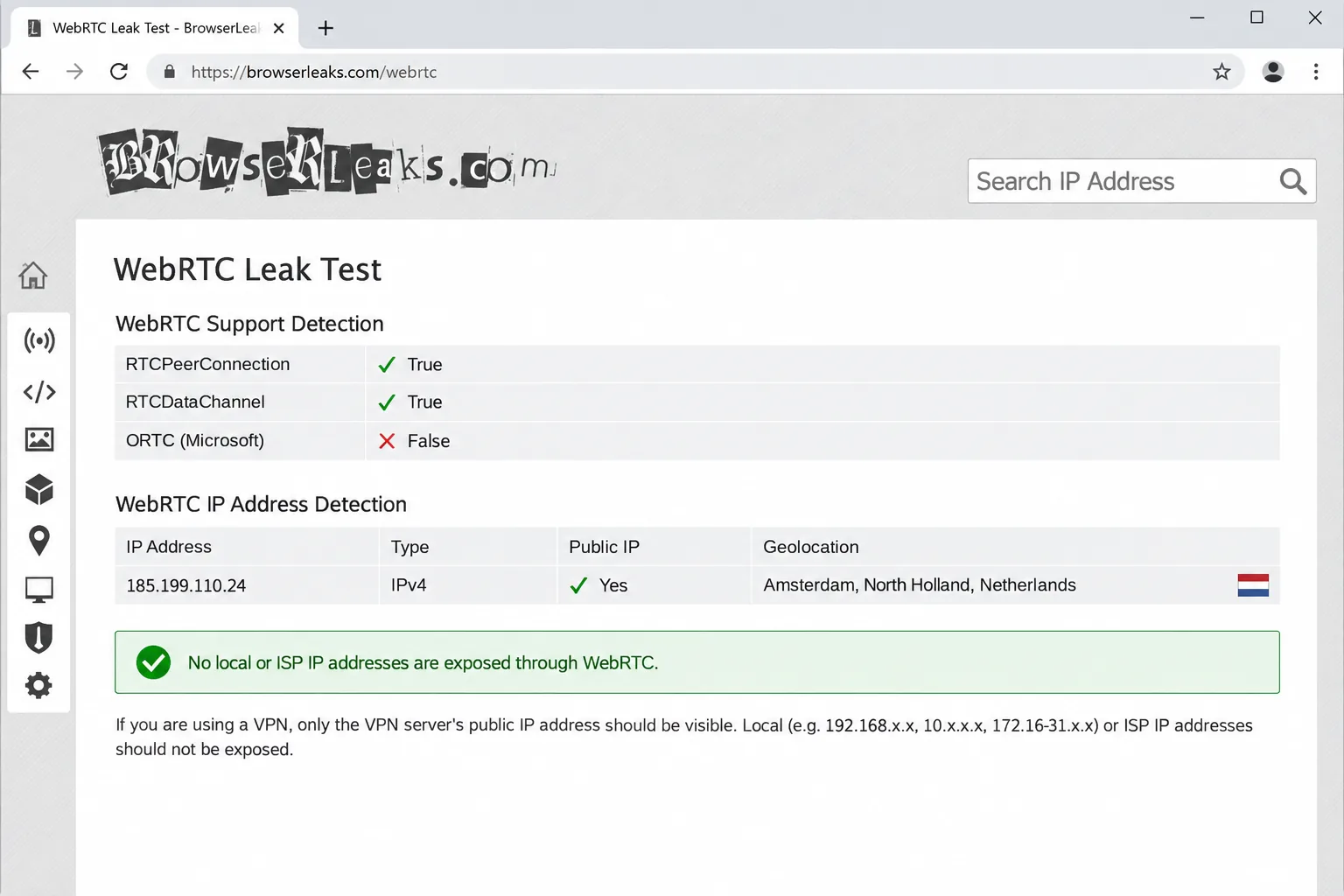 The BrowserLeaks WebRTC leak test page showing only the VPN server's public IP address and no local or ISP addresses exposed.