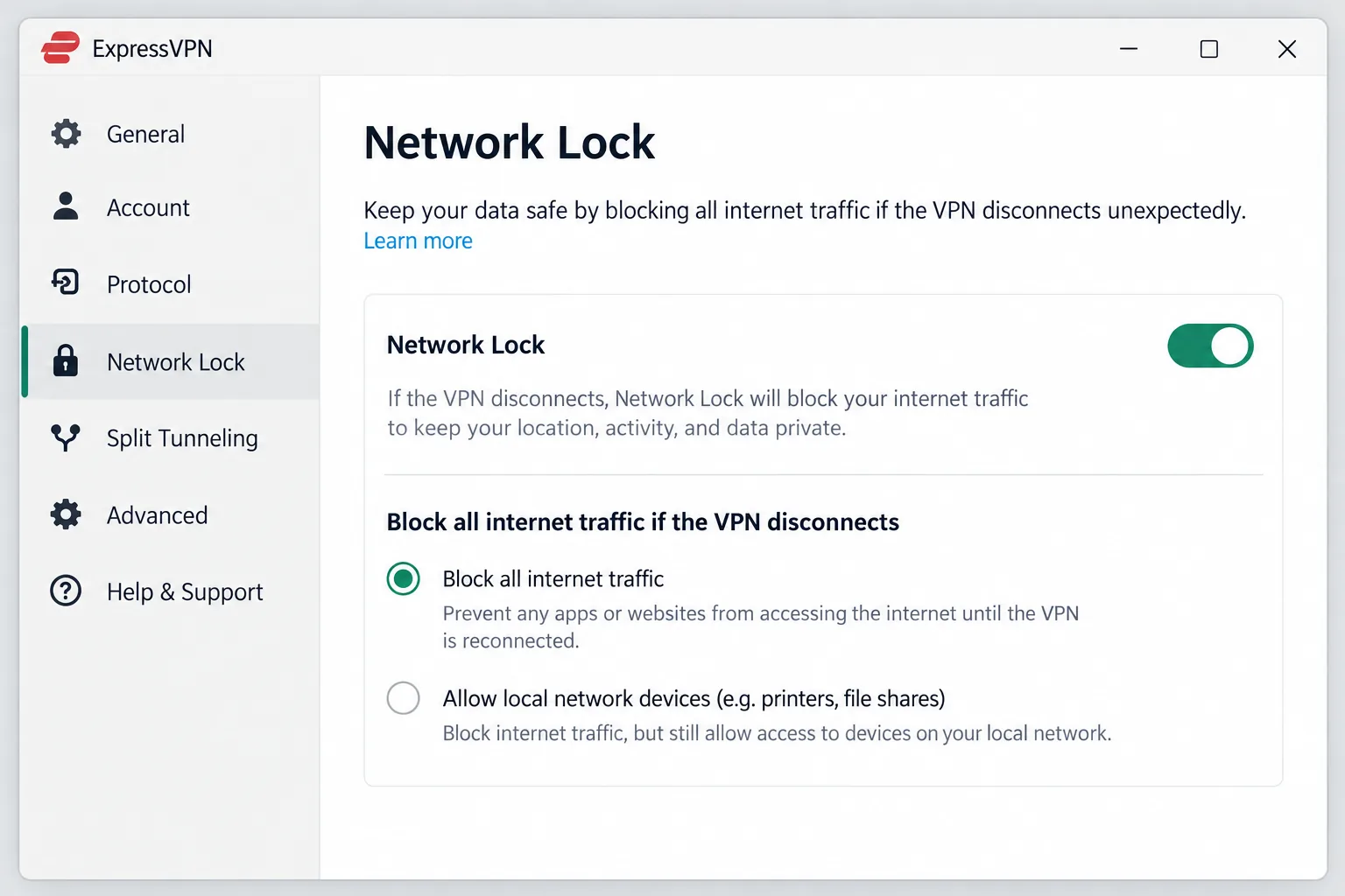 ExpressVPN's desktop settings screen with the Network Lock kill switch toggle switched on and the option to block all internet traffic if the VPN disconnects.