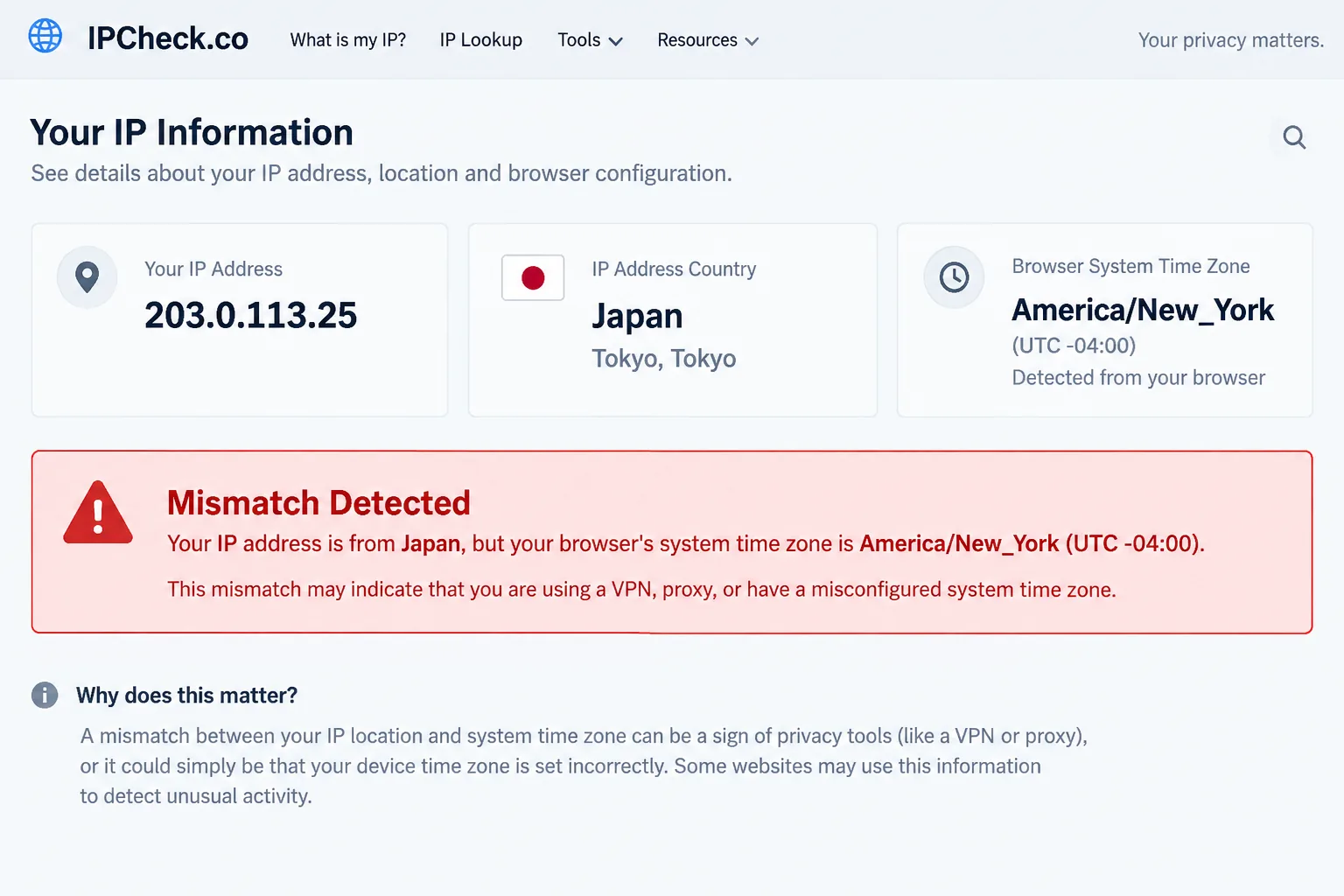 An IP-checking site flagging a mismatch between the IP address country and the browser's system time zone, with the warning highlighted in red.
