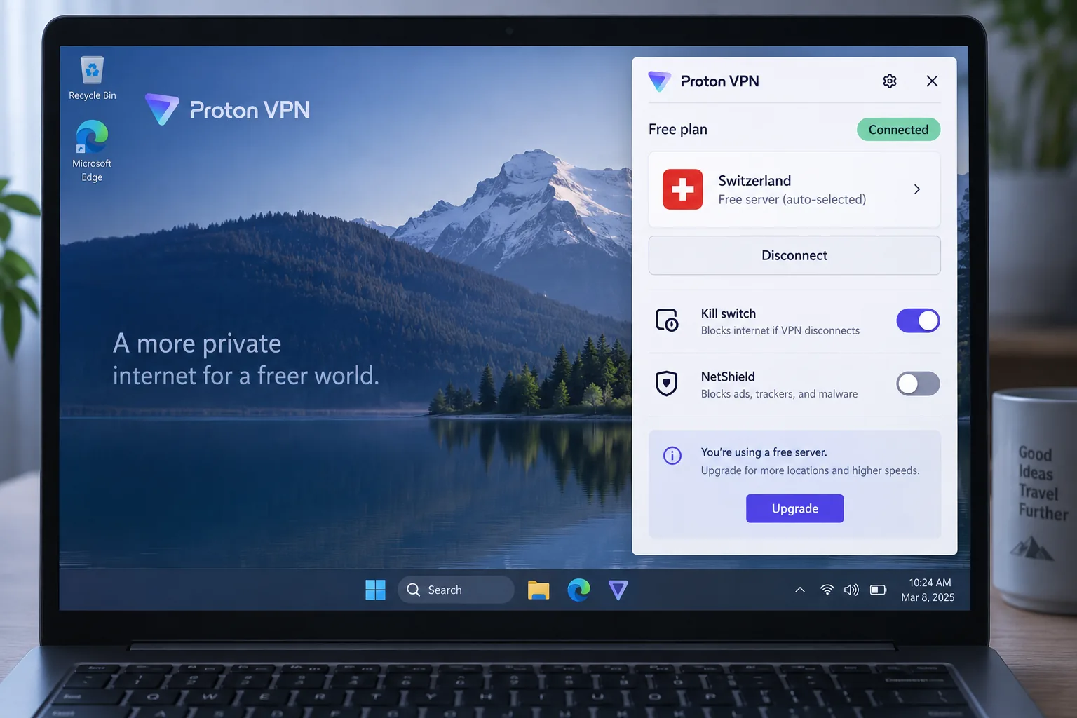 Proton VPN's free plan connected on a laptop, showing the automatically chosen free server country and the kill switch toggle in the quick settings panel.