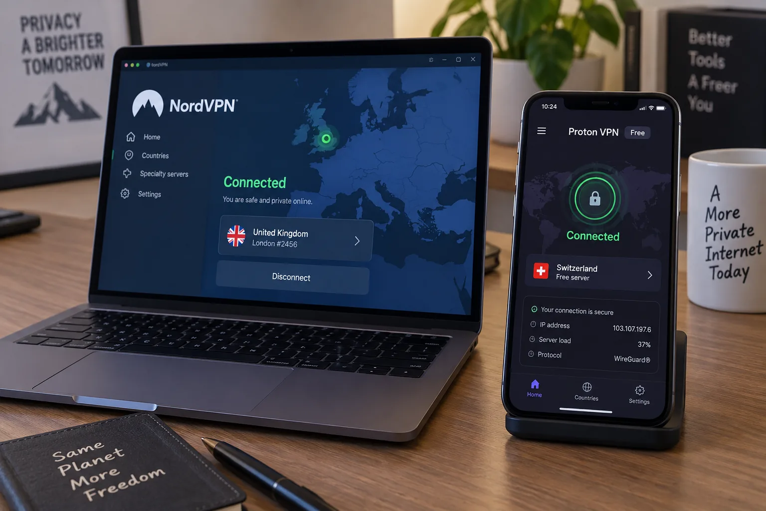 A laptop running the NordVPN app and a phone running Proton VPN Free, both showing a connected status, placed side by side on a desk.
