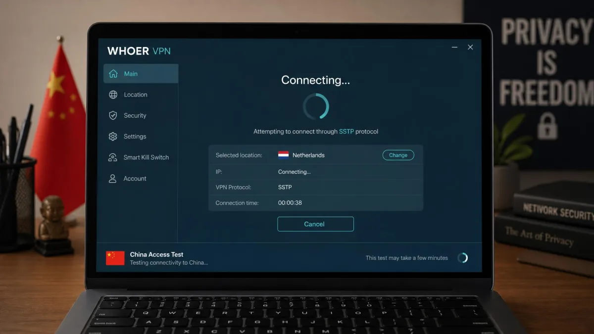 Whoer VPN attempting to connect through an SSTP protocol on a laptop, showing a stalled connecting spinner during a China access test.