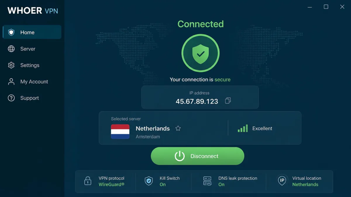 Whoer VPN desktop app showing a connected status with a Netherlands server selected, the current IP address, and the connect button highlighted in green.