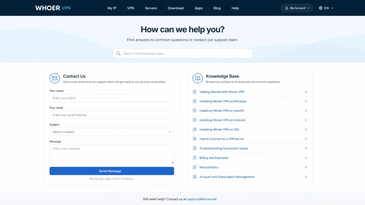 Whoer VPN support page showing an email contact form and knowledge base links, with no live chat widget present.