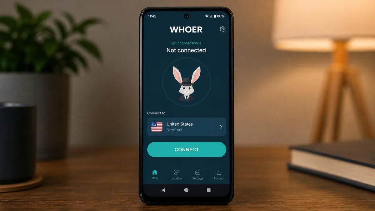 Whoer VPN Android app open on a smartphone showing the main connect screen with a server flag and a large connect button.