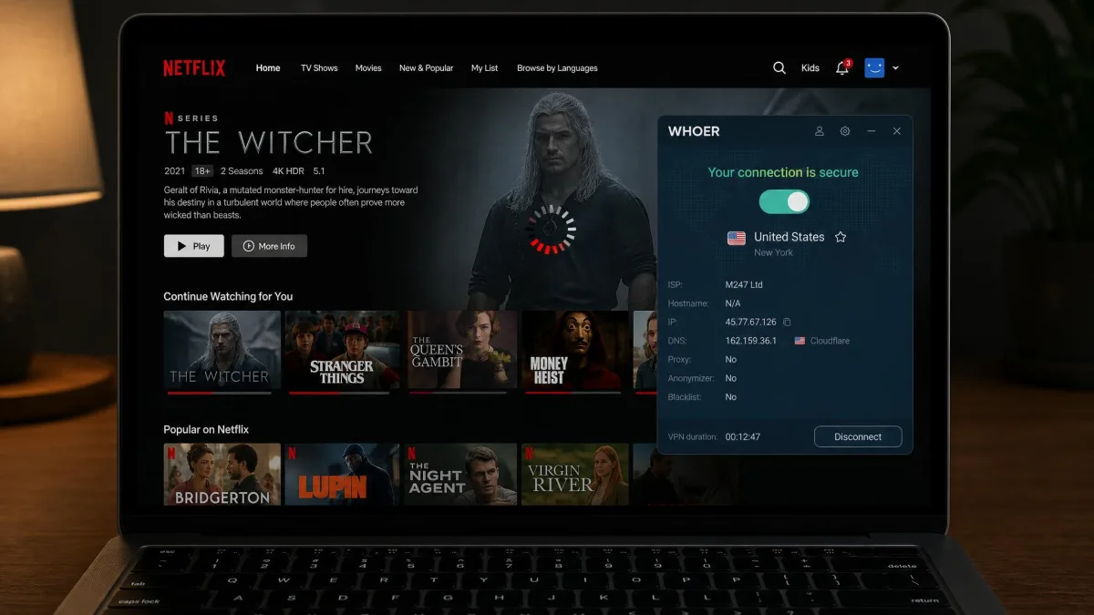 Netflix home screen loading over a Whoer VPN connection on a laptop, with a buffering spinner visible on a selected title.