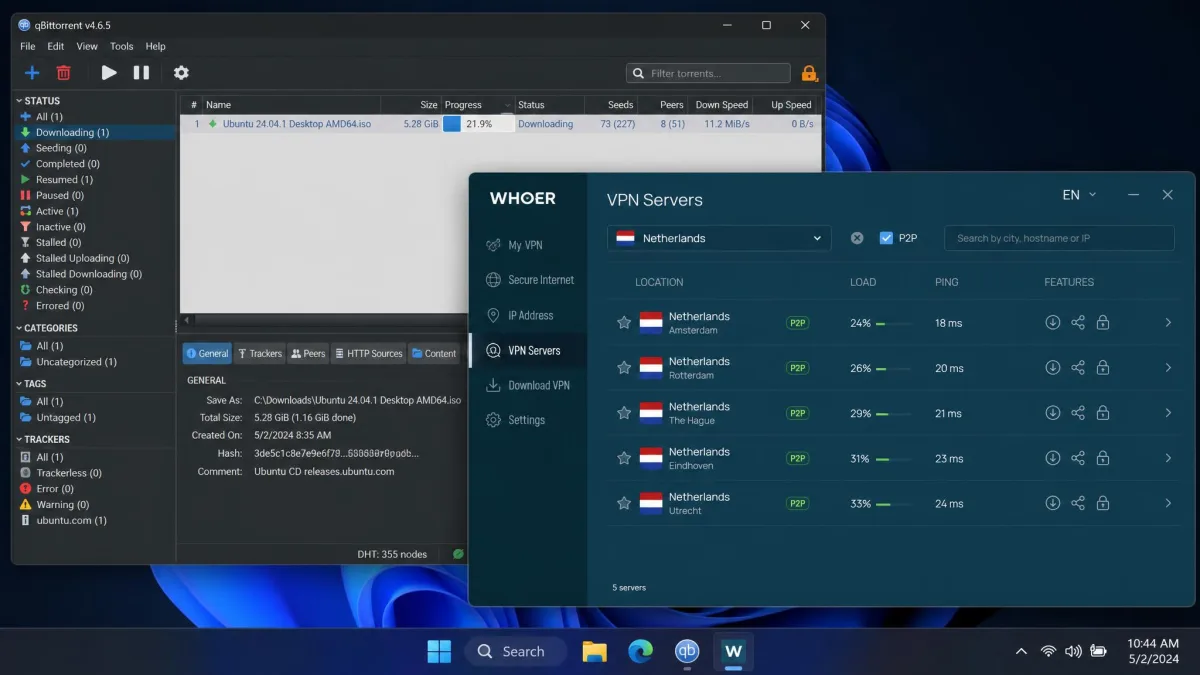 Whoer VPN server list filtered to a P2P-friendly Netherlands location, with a torrent client downloading in a window behind it.