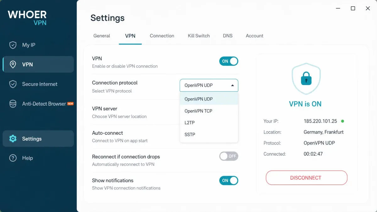 Whoer VPN settings panel showing protocol choices including OpenVPN UDP, OpenVPN TCP, L2TP, and SSTP, with no WireGuard option present.