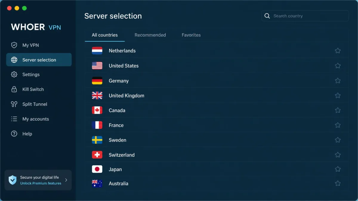 Whoer VPN server selection screen listing countries such as Netherlands, United States, and Germany with no ping or load indicators next to each entry.