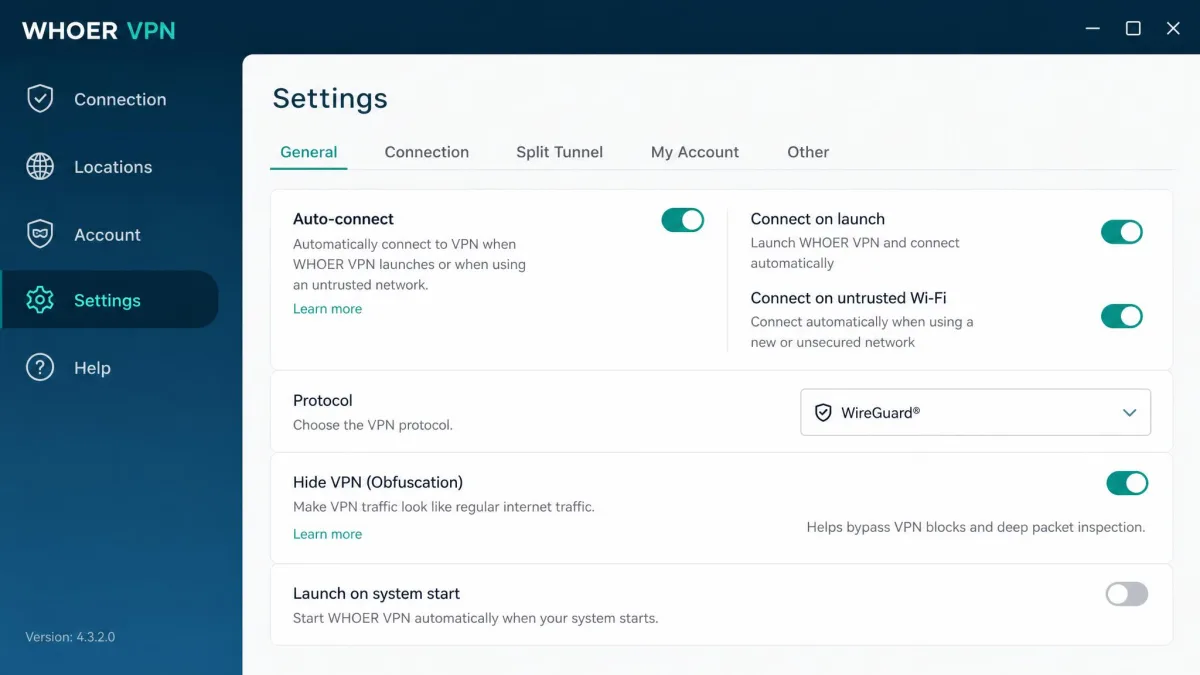Whoer VPN settings screen on desktop showing options for auto-connect, protocol selection, and the Hide VPN obfuscation toggle.