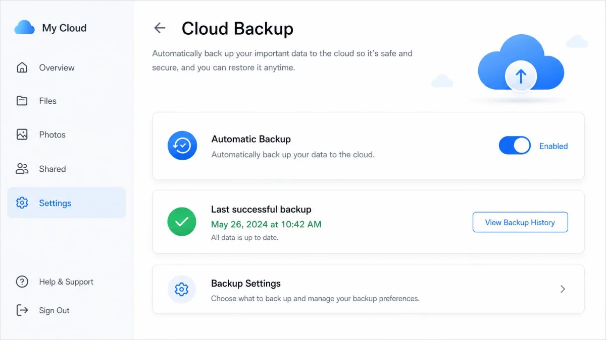 A cloud backup settings screen with automatic backup enabled and the time of the last successful backup displayed.