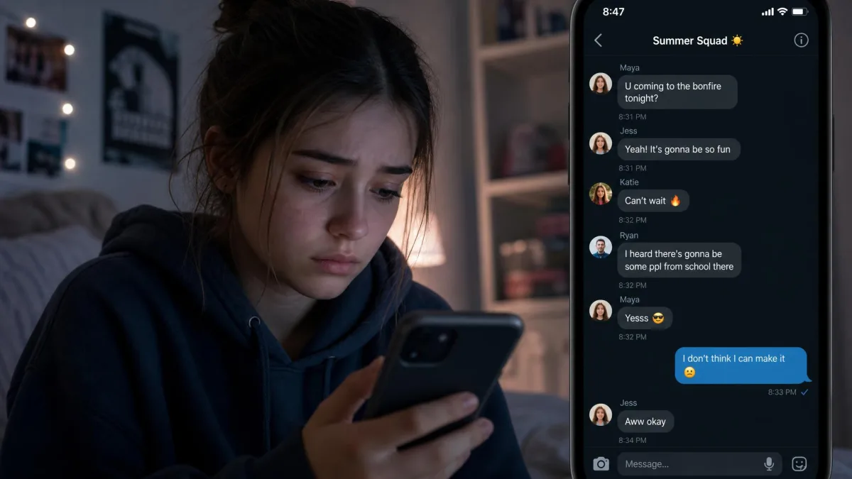 A teenager looking at a phone with a downcast expression while a social messaging thread is visible on the screen.