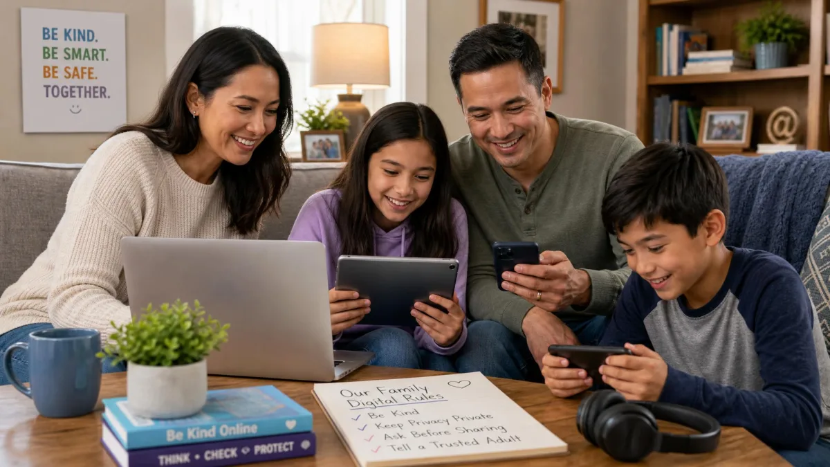 A family at home using a laptop, phone, and tablet together, the everyday mix of connected devices that internet safety covers.